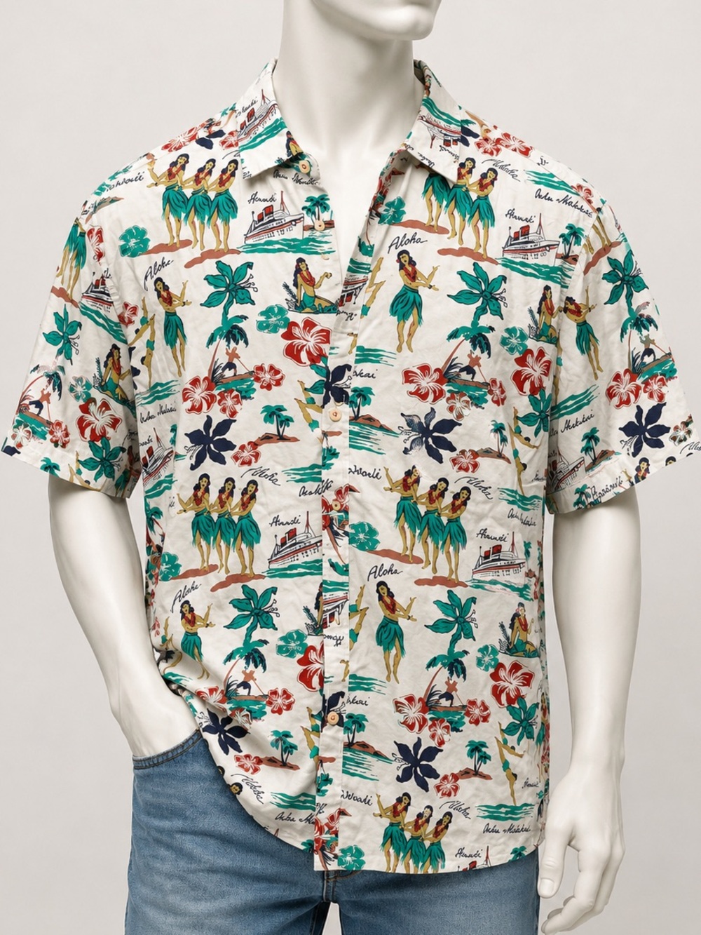 Casual Light Blue/Grey Hawaiian Print Short-Sleeve Shirt